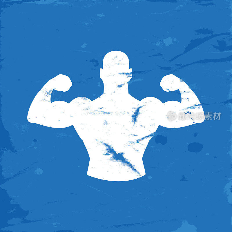 Icon of Strong Man with Arms Up on Blue Grunge Background